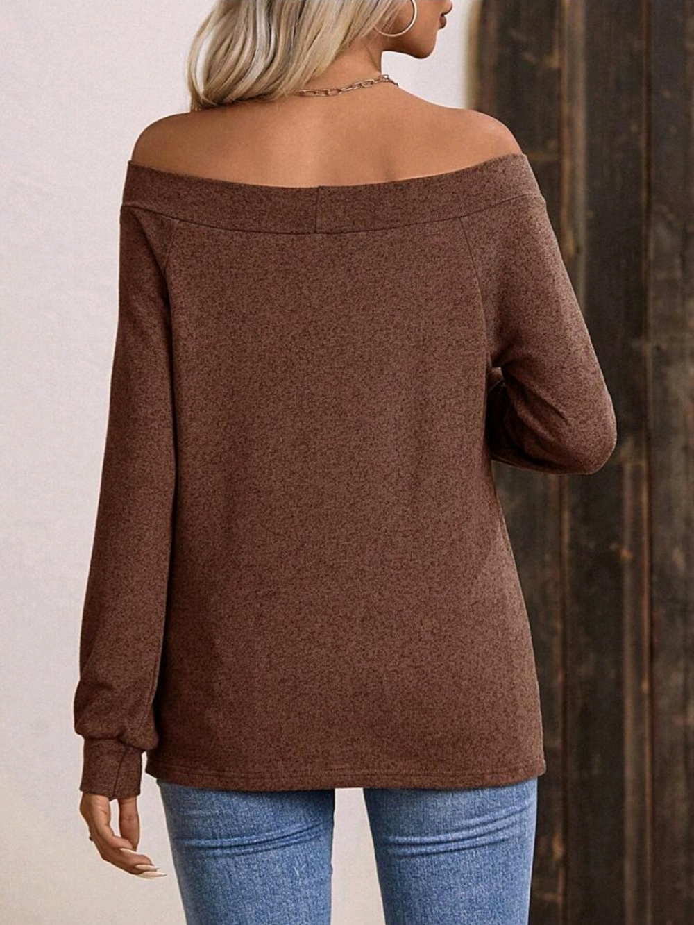 Off-Shoulder Brown Long Sleeve Light Weight Top Sizes 4 6 8 12 14 &20 - Picture 3 of 3